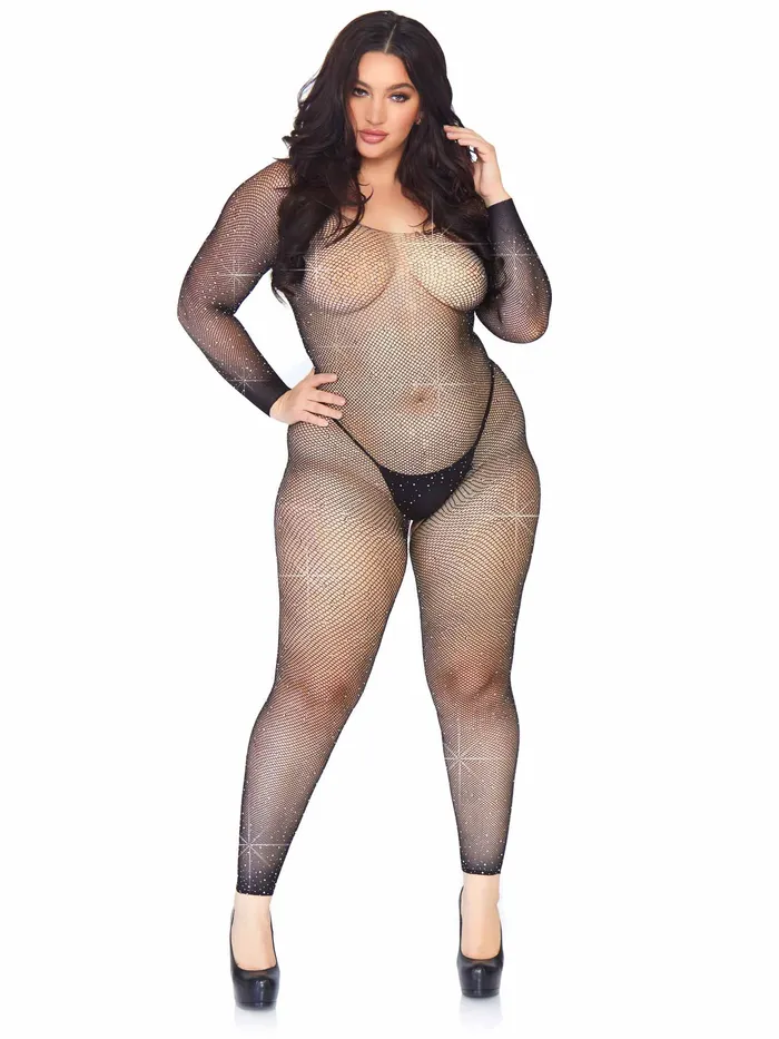 Leg Avenue Bodystockings Playsuits Crystalized Seamless Fishnet Long Sleeved Bodystocking 1x2x Black